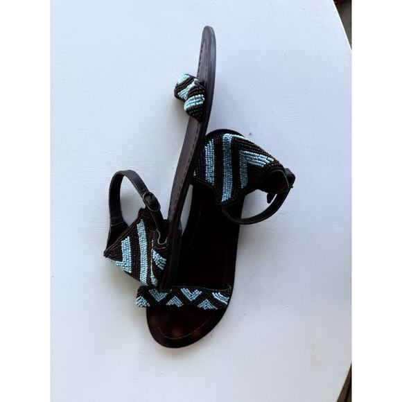 sz 8 Womens Sandals Turquoise Brown Beaded Leather Ankle Strap By Roper - Picture 3 of 5